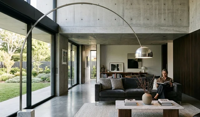 Modern designer living room reading nook with a brushed stainless steel arc floor lamp over a cozy sofa