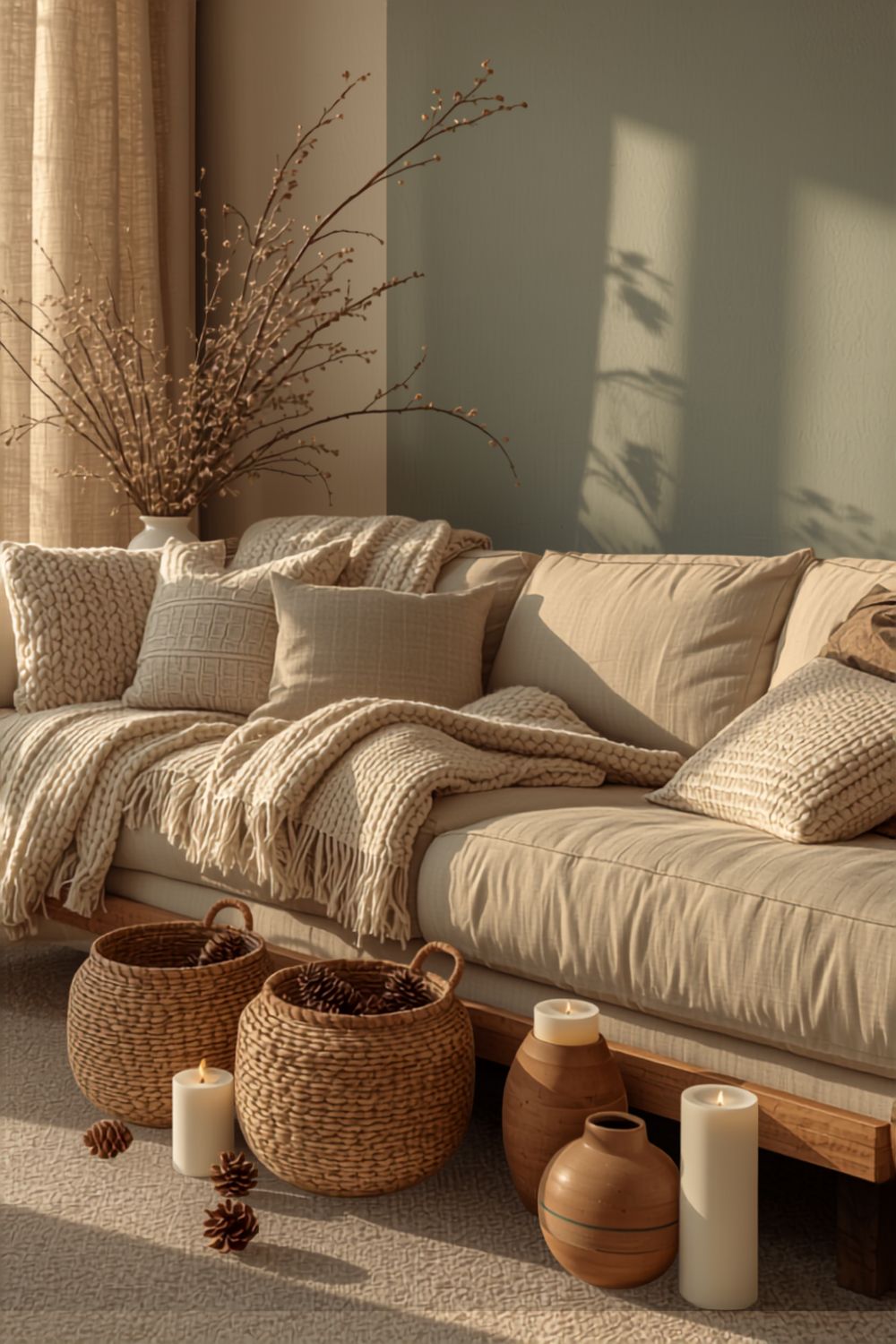 Cozy luxury fall home decorated with candles blankets baskets and neutral textures