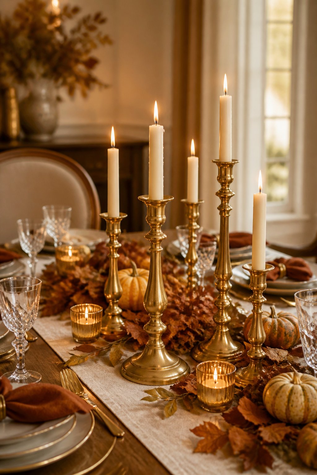 Elegant brass candle holders styled on a warm fall dining table