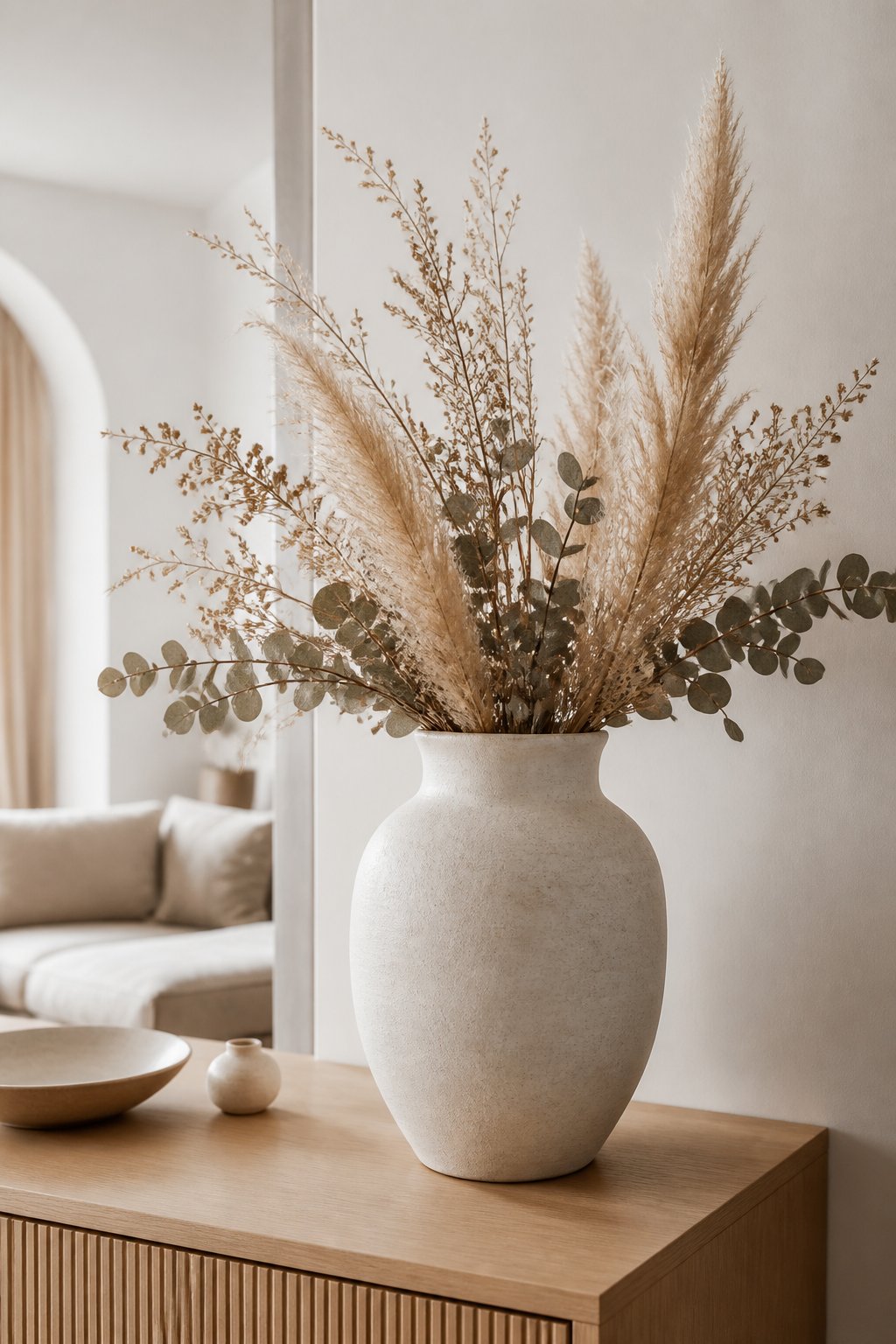 Large neutral ceramic vase with dried stems in elegant home decor