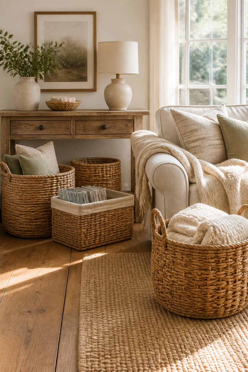 Natural woven storage baskets styled in a cozy farmhouse living room