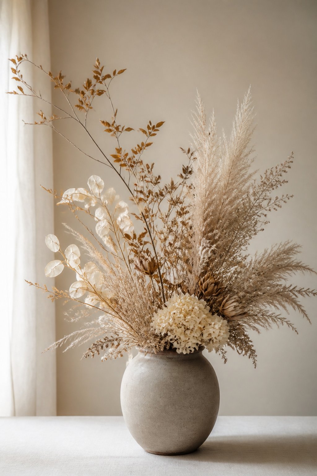 Neutral fall floral arrangement with elegant branches in ceramic vase