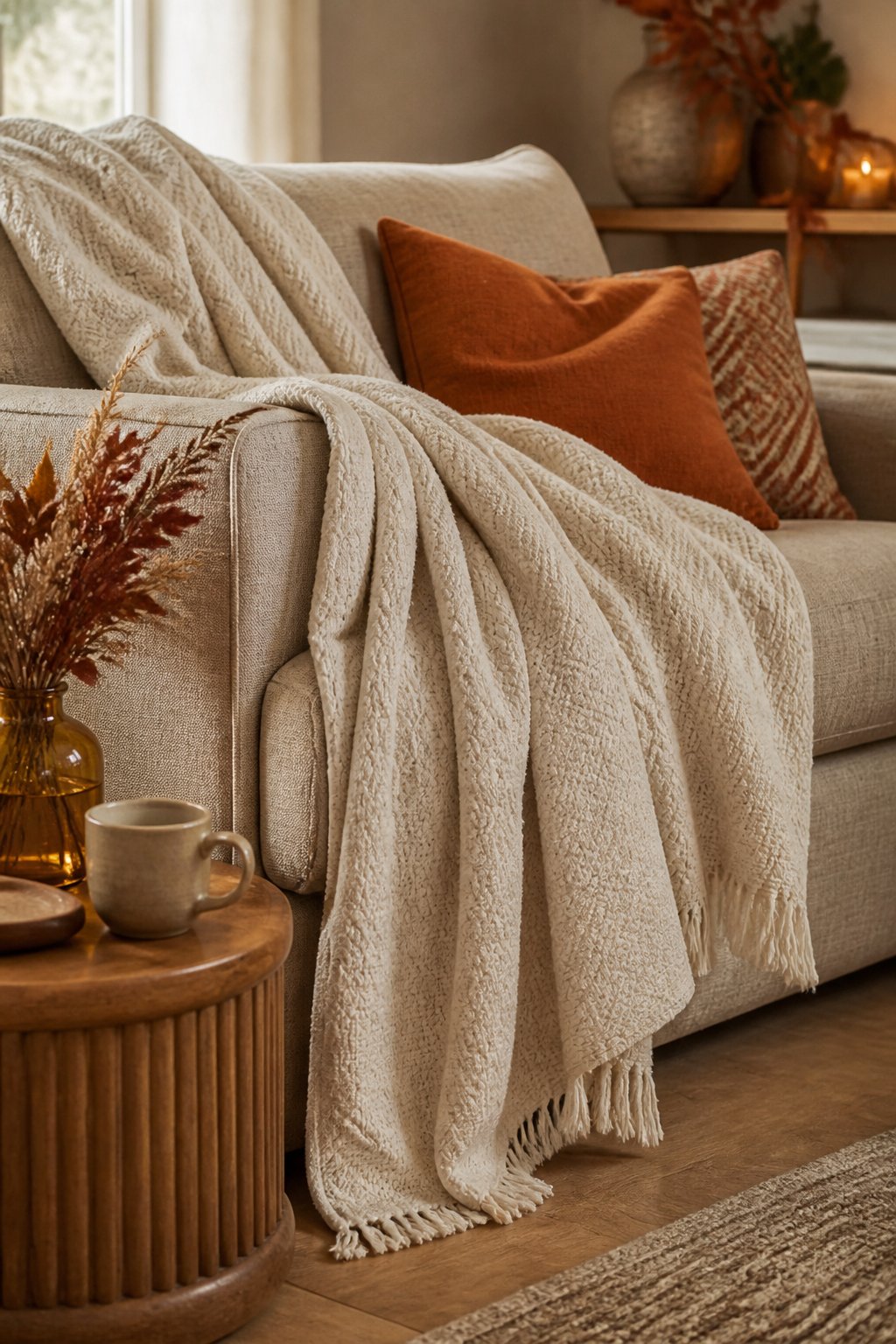 Soft neutral throw blanket styled on a cozy fall living room sofa
