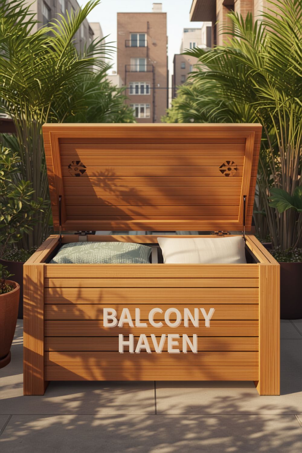 Outdoor storage box for balcony cushions and accessories