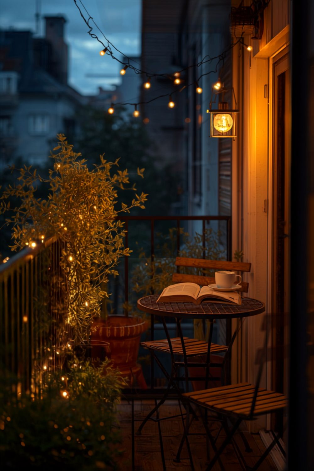 Solar string lights creating cozy balcony atmosphere