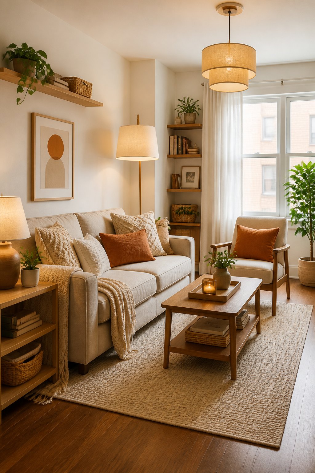 Cozy small apartment living room makeover with warm lighting and comfortable furniture