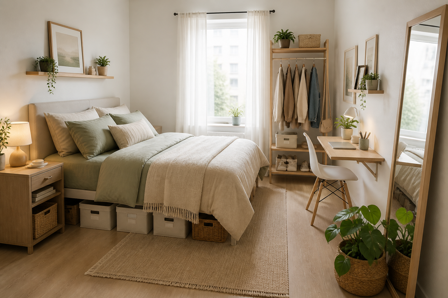 Cozy small rental bedroom with smart storage and simple decor