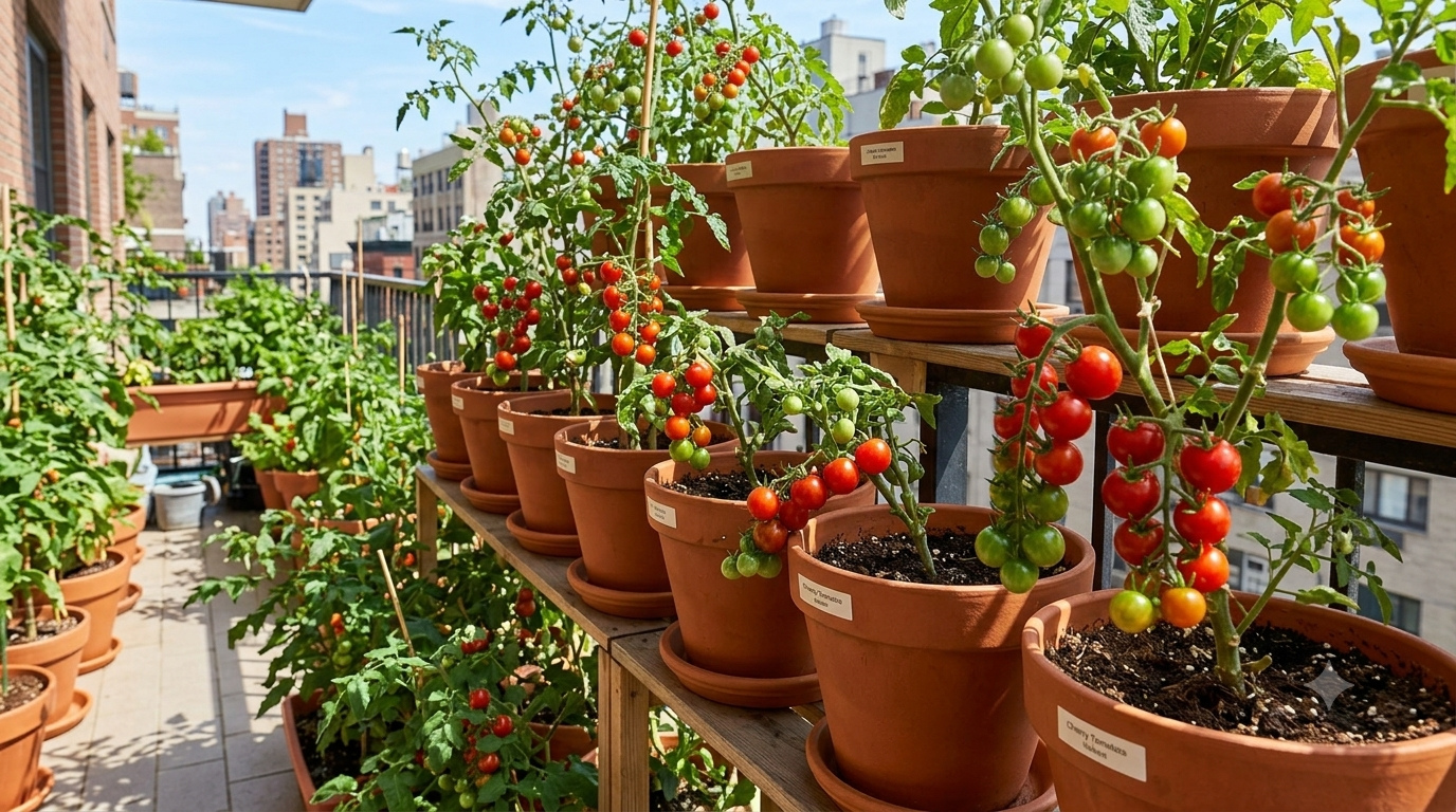 Cherry tomatoes growing in balcony containers