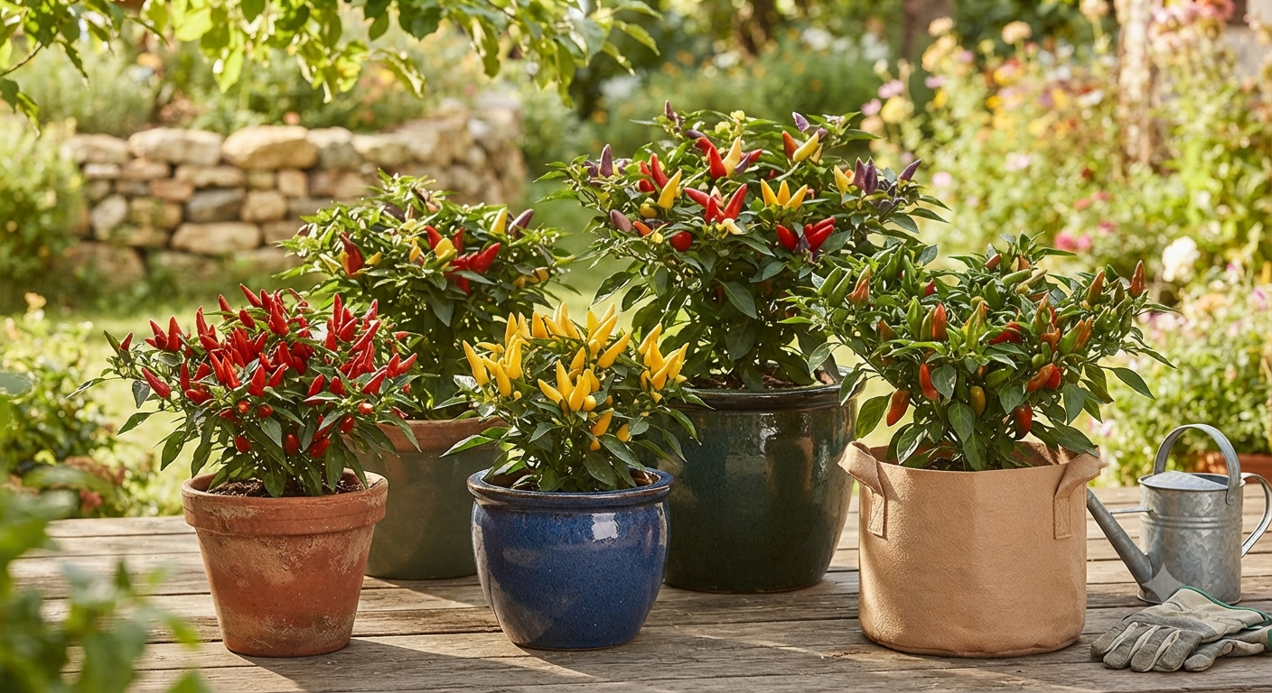 Compact pepper plants growing in containers