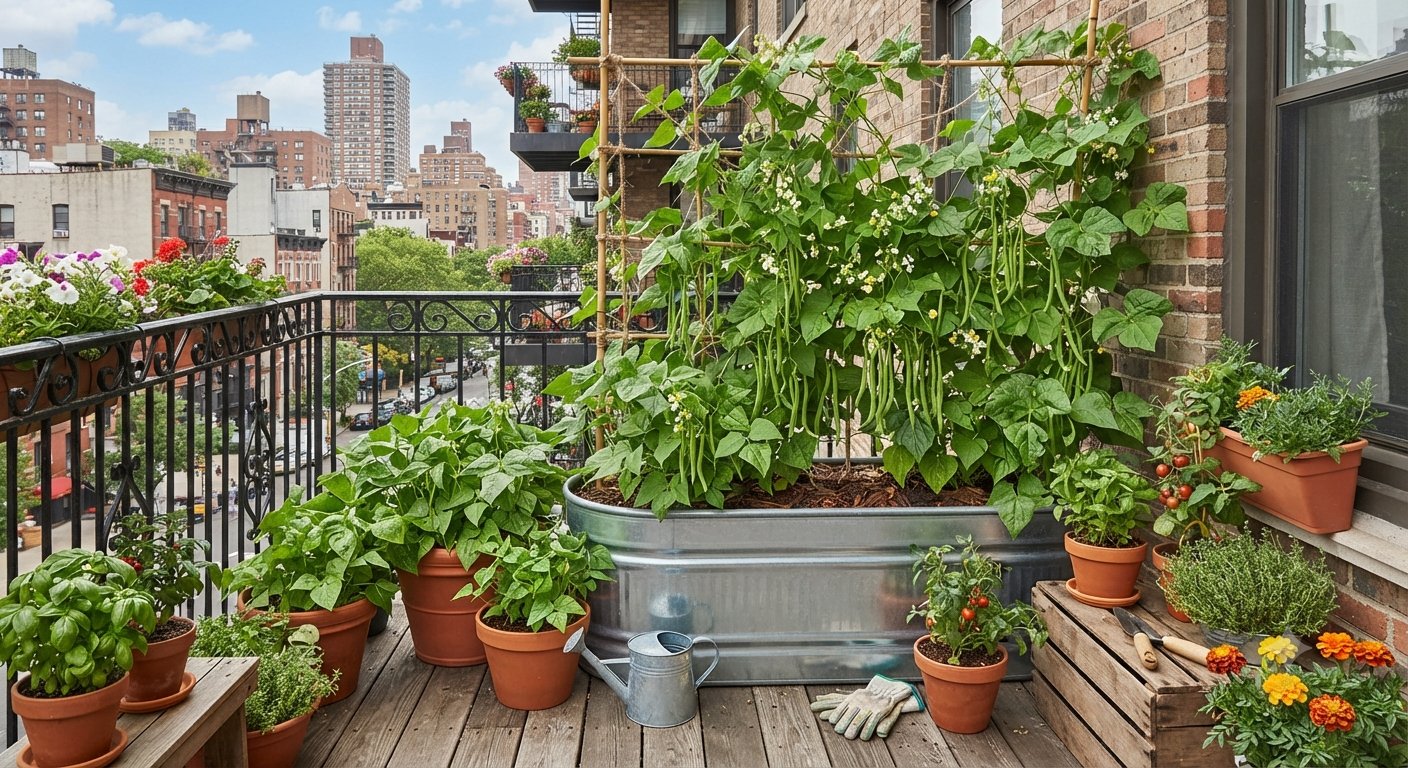 Fresh green beans growing in apartment garden containers