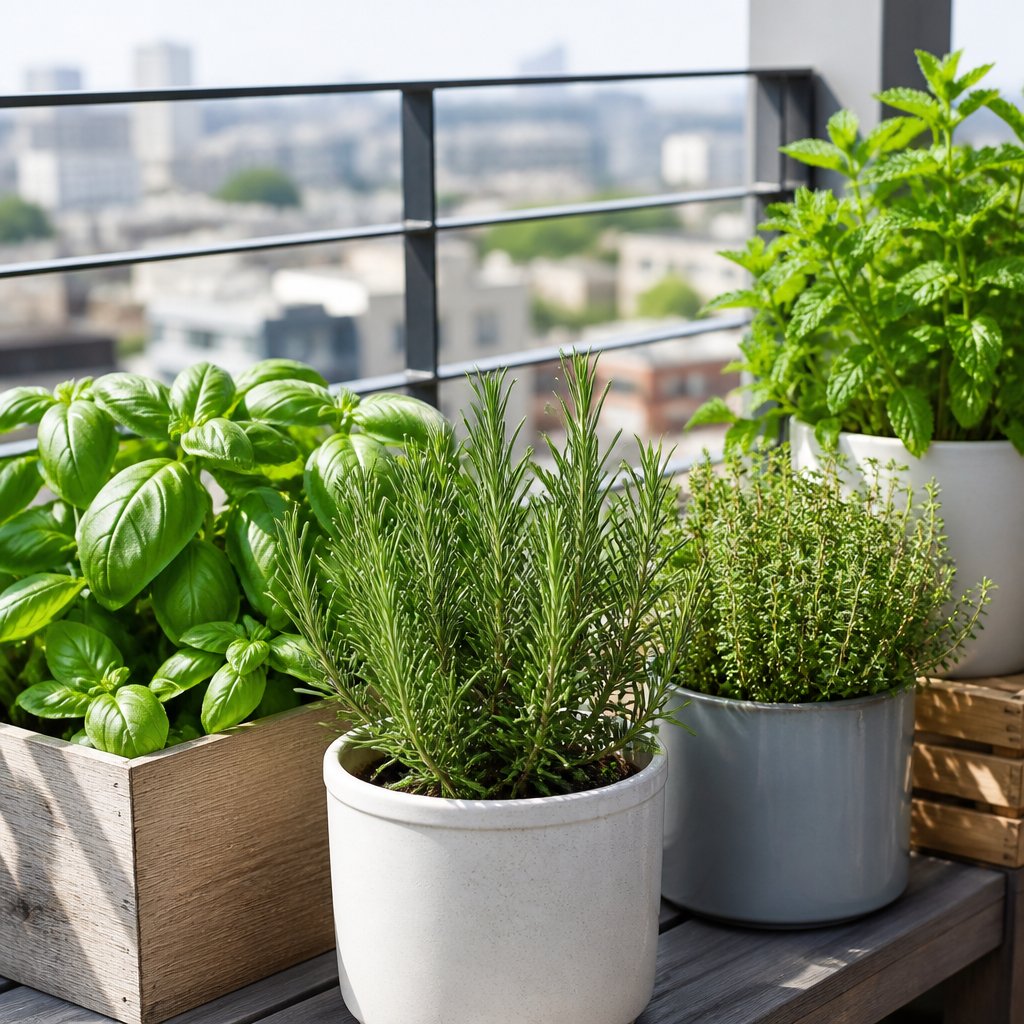 Fresh-herbs-growing-in-containers-on-apartment-balcony