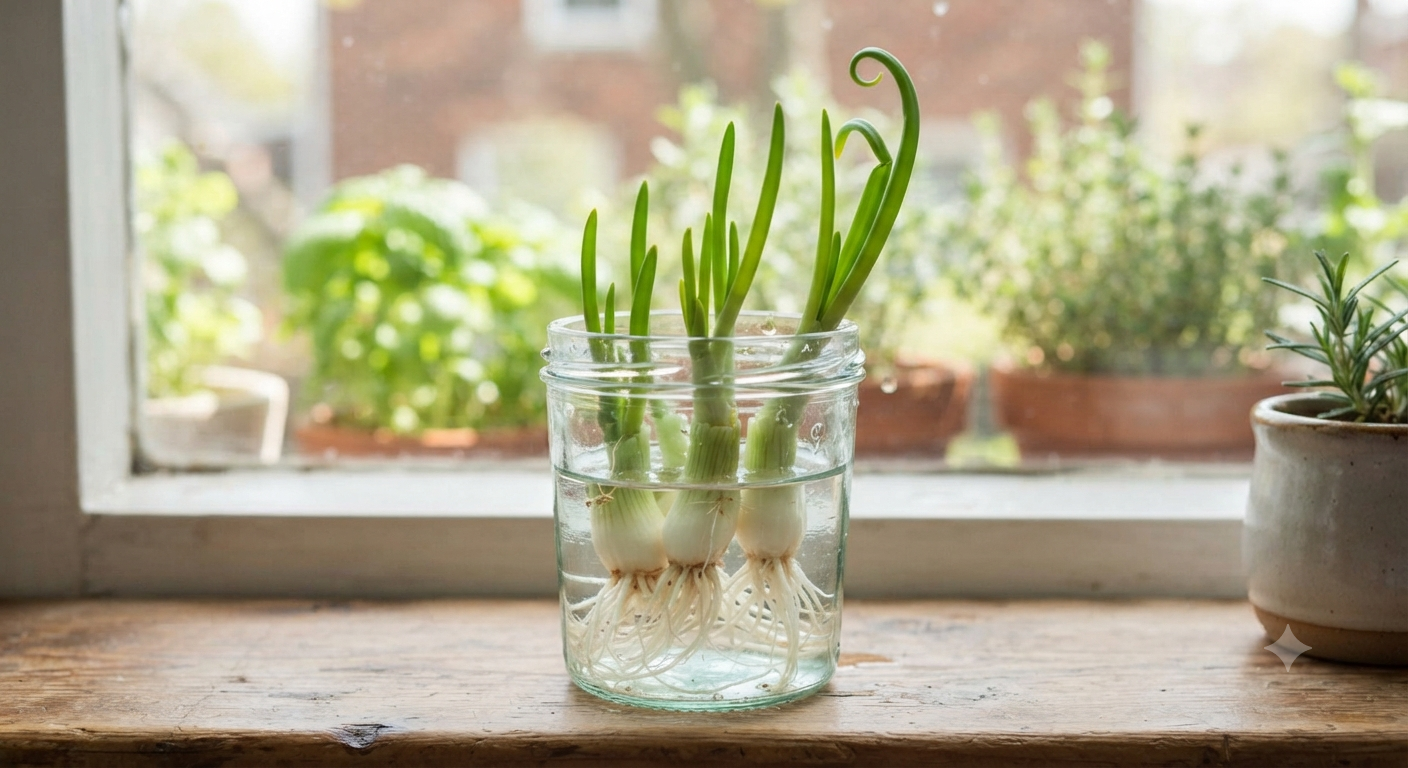 Regrowing green onions in a small kitchen container
