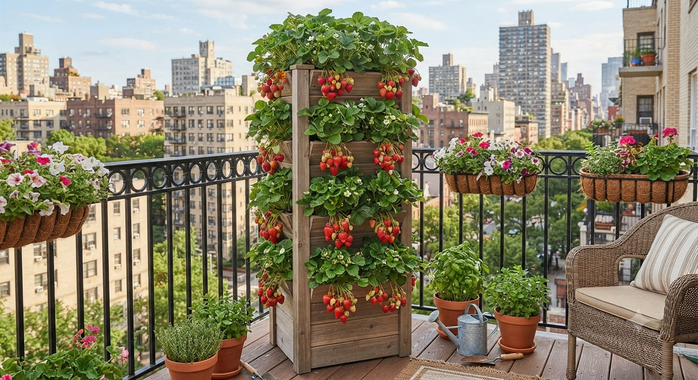 Strawberries growing vertically on apartment balcony