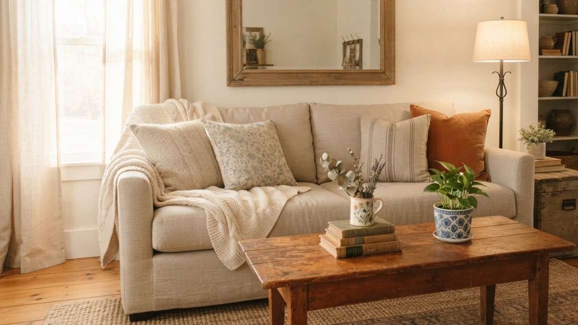 Cozy American farmhouse living room with oatmeal fabric sofa, rustic wooden coffee table, and soft natural sunlight.