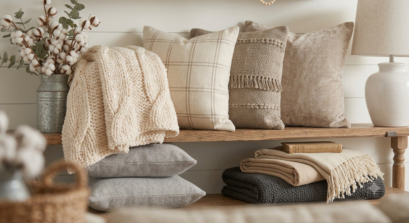 Cozy neutral blankets and pillows in farmhouse apartment