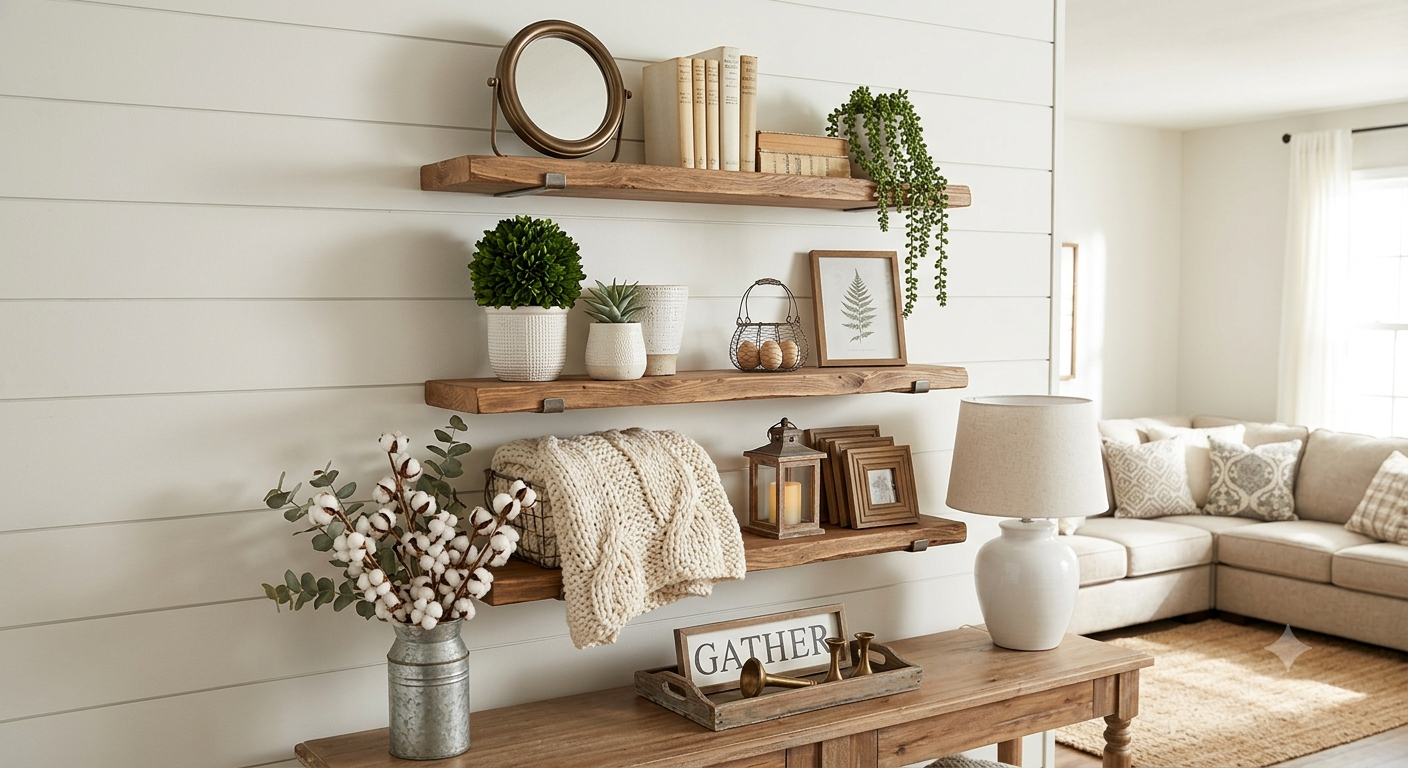 Floating wooden shelves with farmhouse decor in apartment