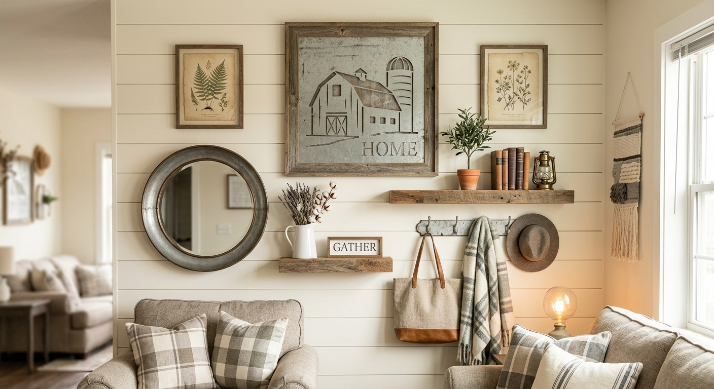 Farmhouse wall decor creating cozy apartment atmosphere