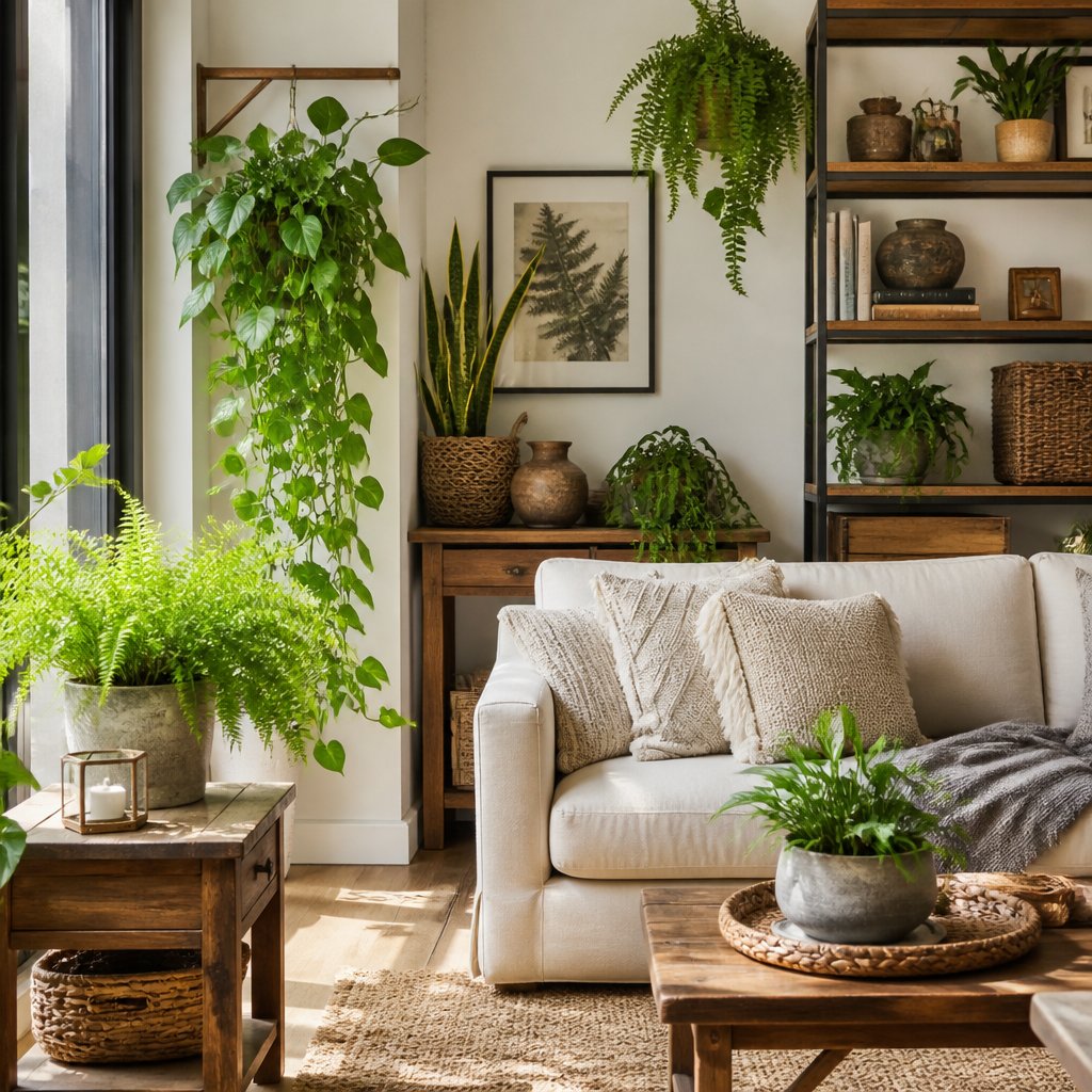 Green plants adding natural farmhouse style to apartment interior