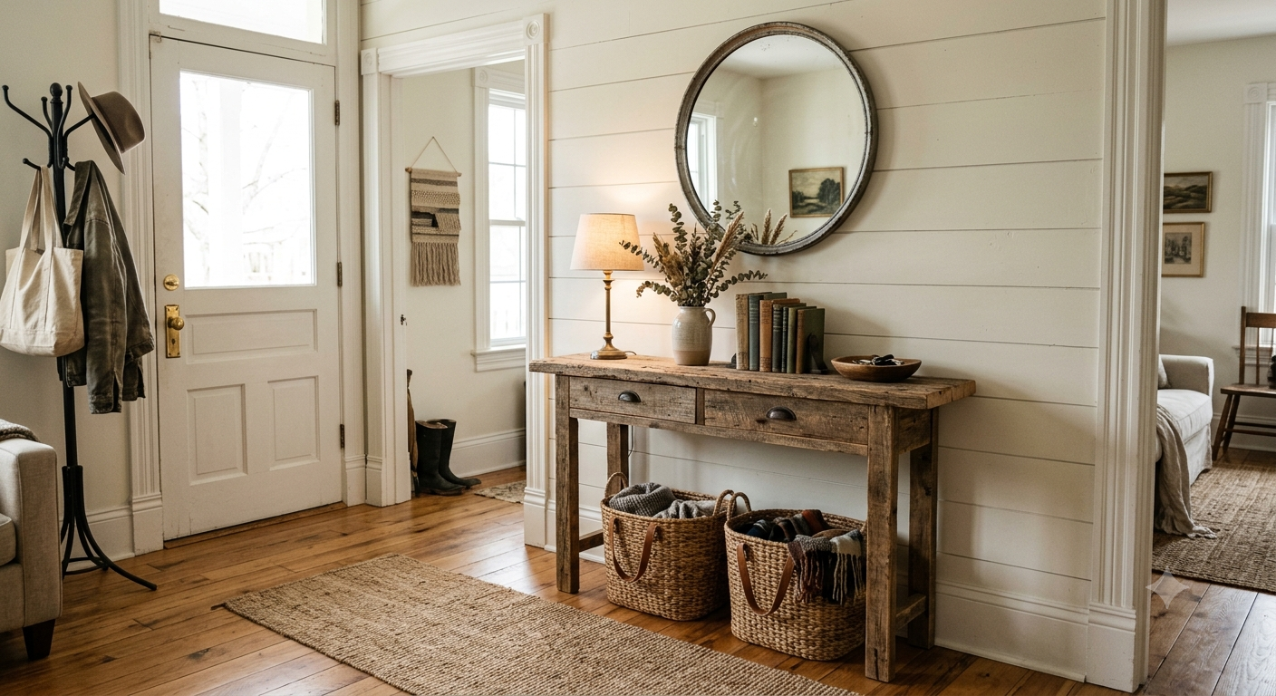 Narrow rustic console table in a small farmhouse apartment