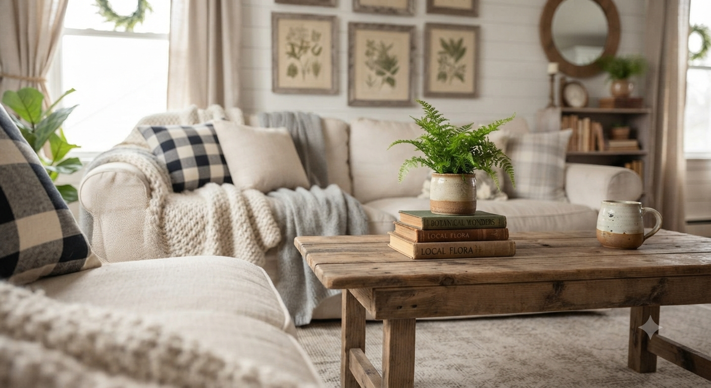 Natural linen curtains in farmhouse apartment design