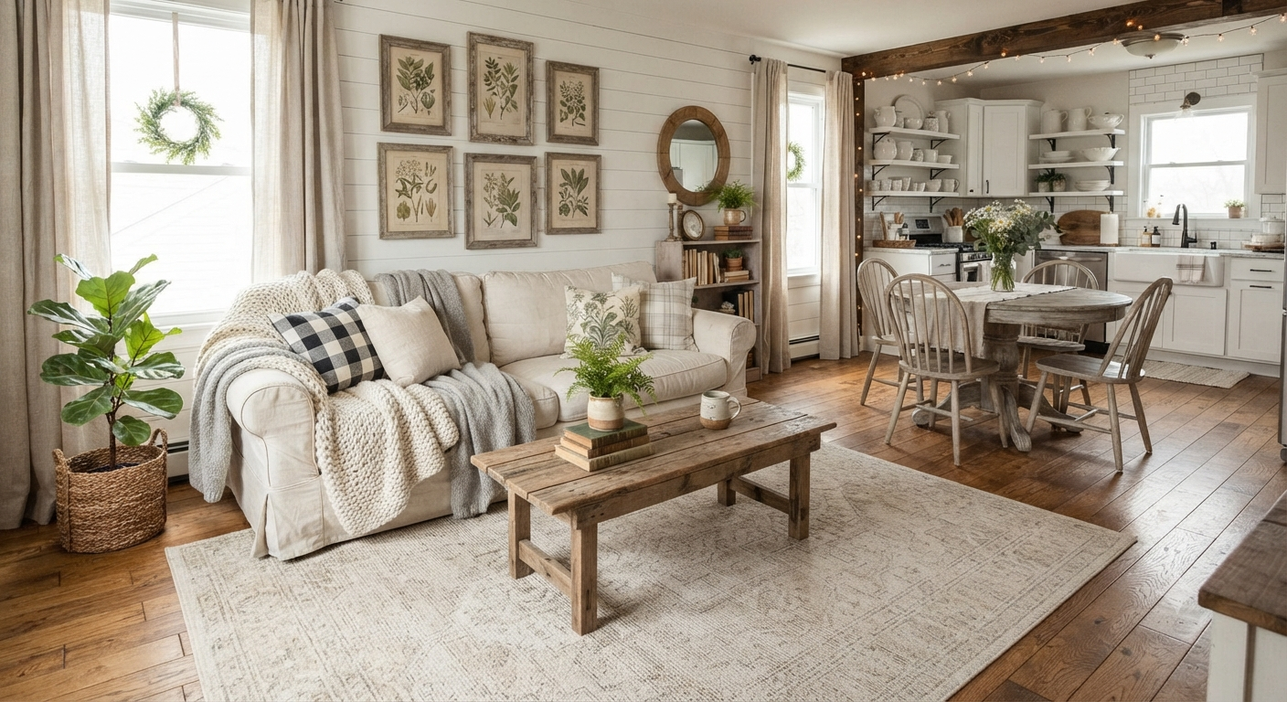 Neutral farmhouse rug creating cozy apartment living area