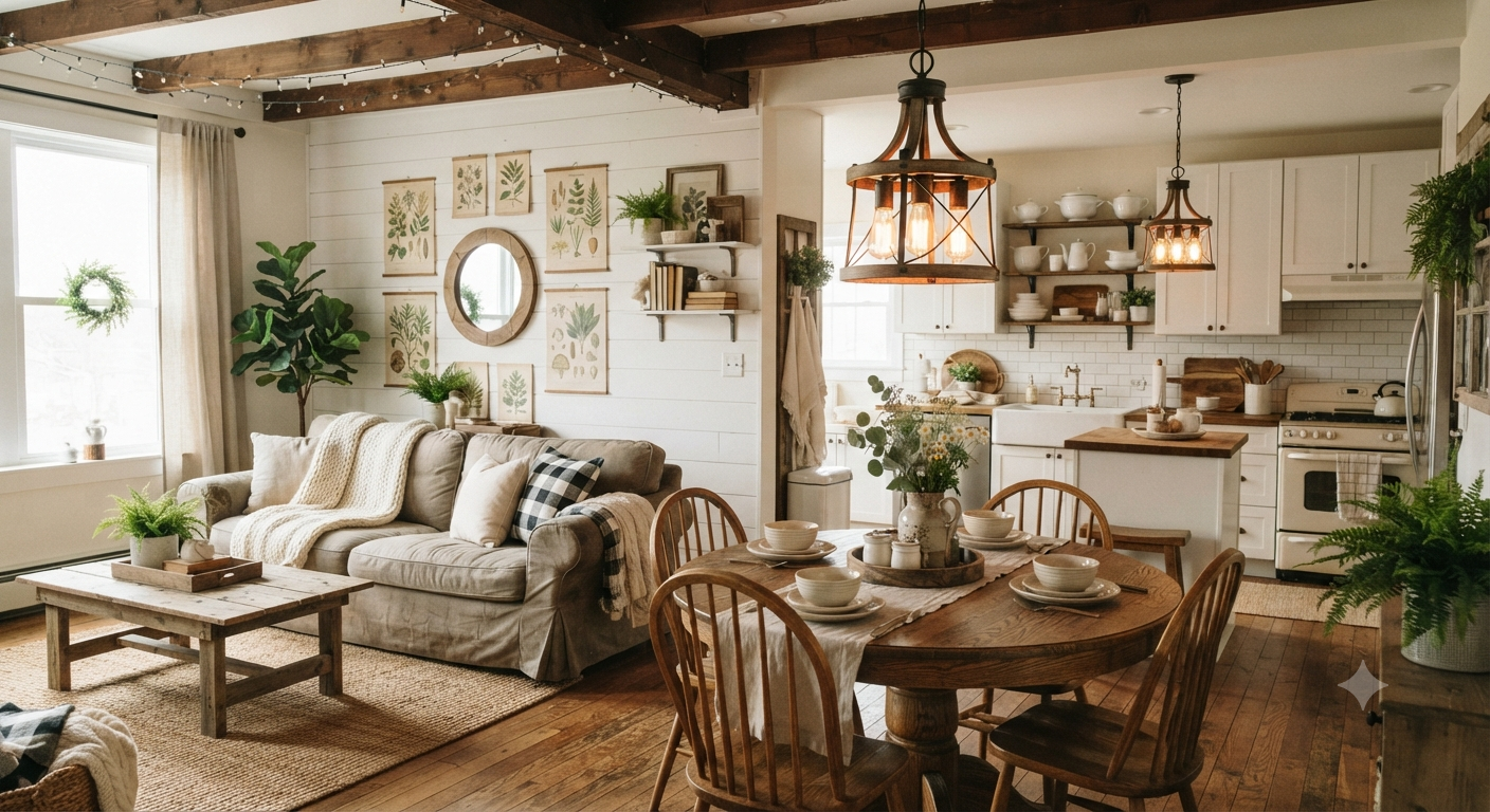 Warm farmhouse pendant lighting in cozy apartment interior