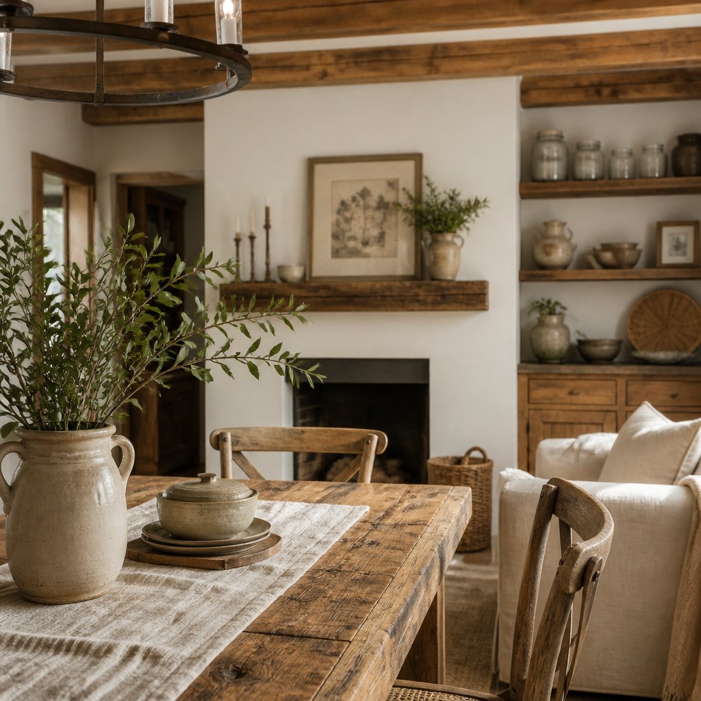 Wooden farmhouse decor details in cozy apartment