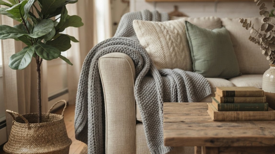 cozy American farmhouse apartment living room with oatmeal linen sofa and rustic coffee table