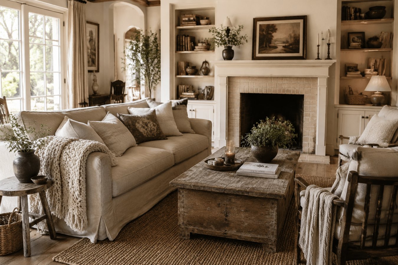 cozy American farmhouse apartment living room with oatmeal linen sofa and rustic coffee table