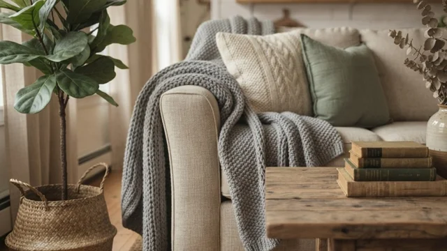 cozy American farmhouse apartment living room with oatmeal linen sofa and rustic coffee table